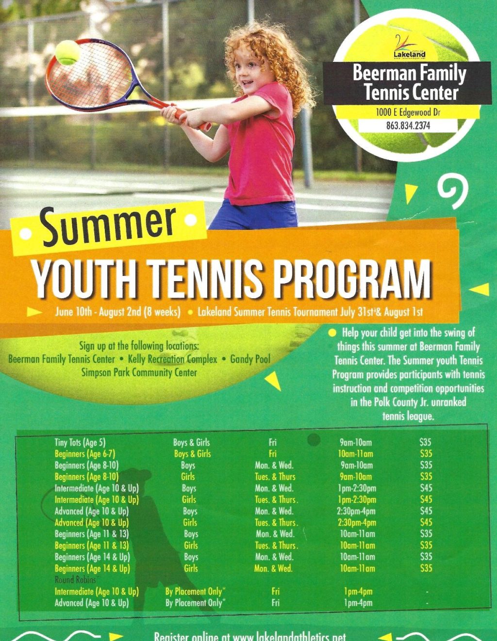 Summer Youth Tennis Programs at Beerman Family Tennis Center Lakeland Mom