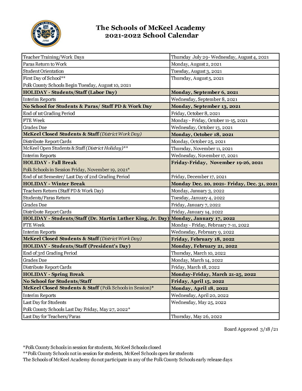 2021-2022 Polk County School Calendar: Public, Private + Charter Schools