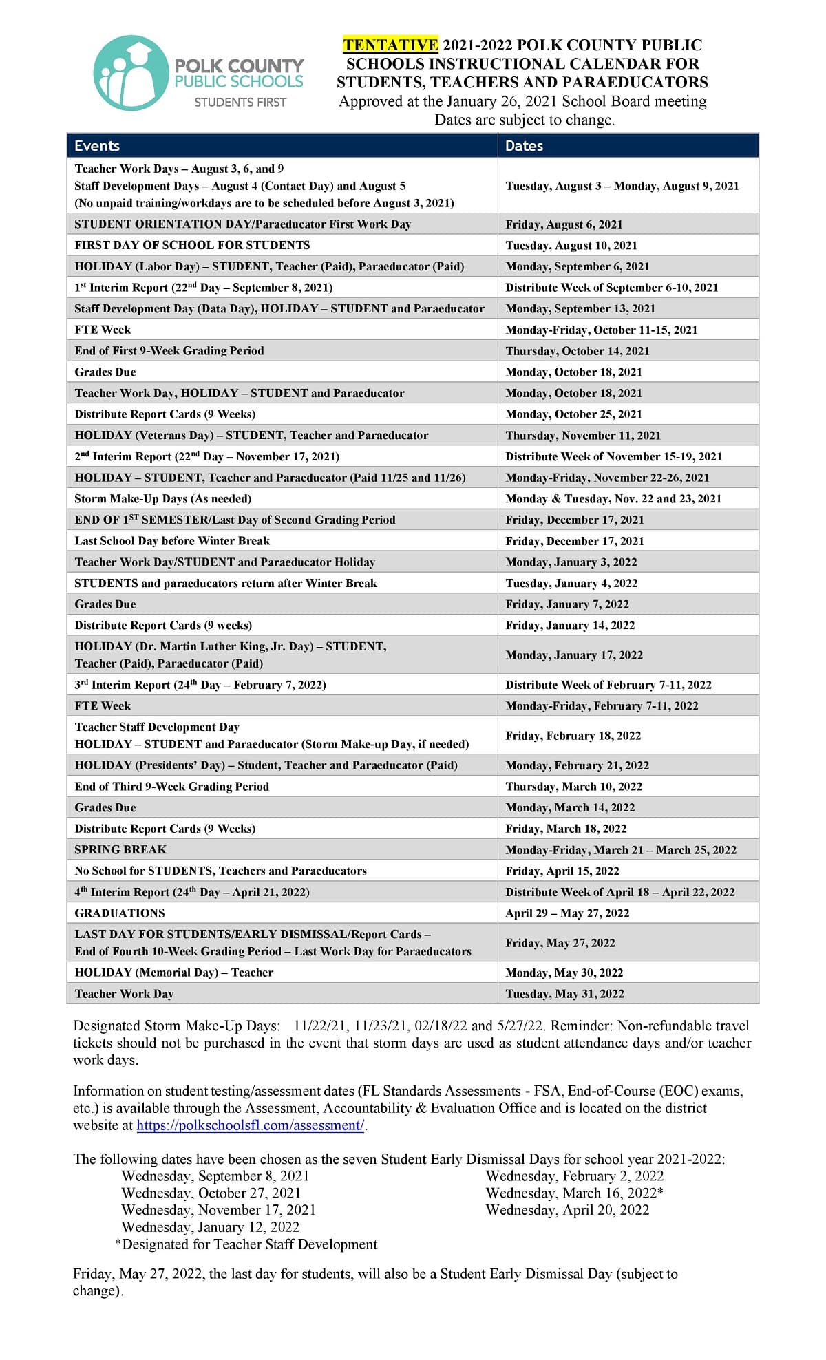 2021-2022 Polk County School Calendar: Public, Private + Charter Schools