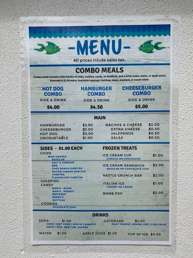 Lake Eva Water Park Concession Stand Menu