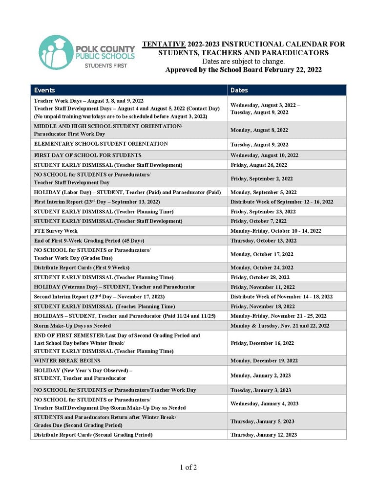 2022 2023 Polk County Schools Calendar Public Charter Private