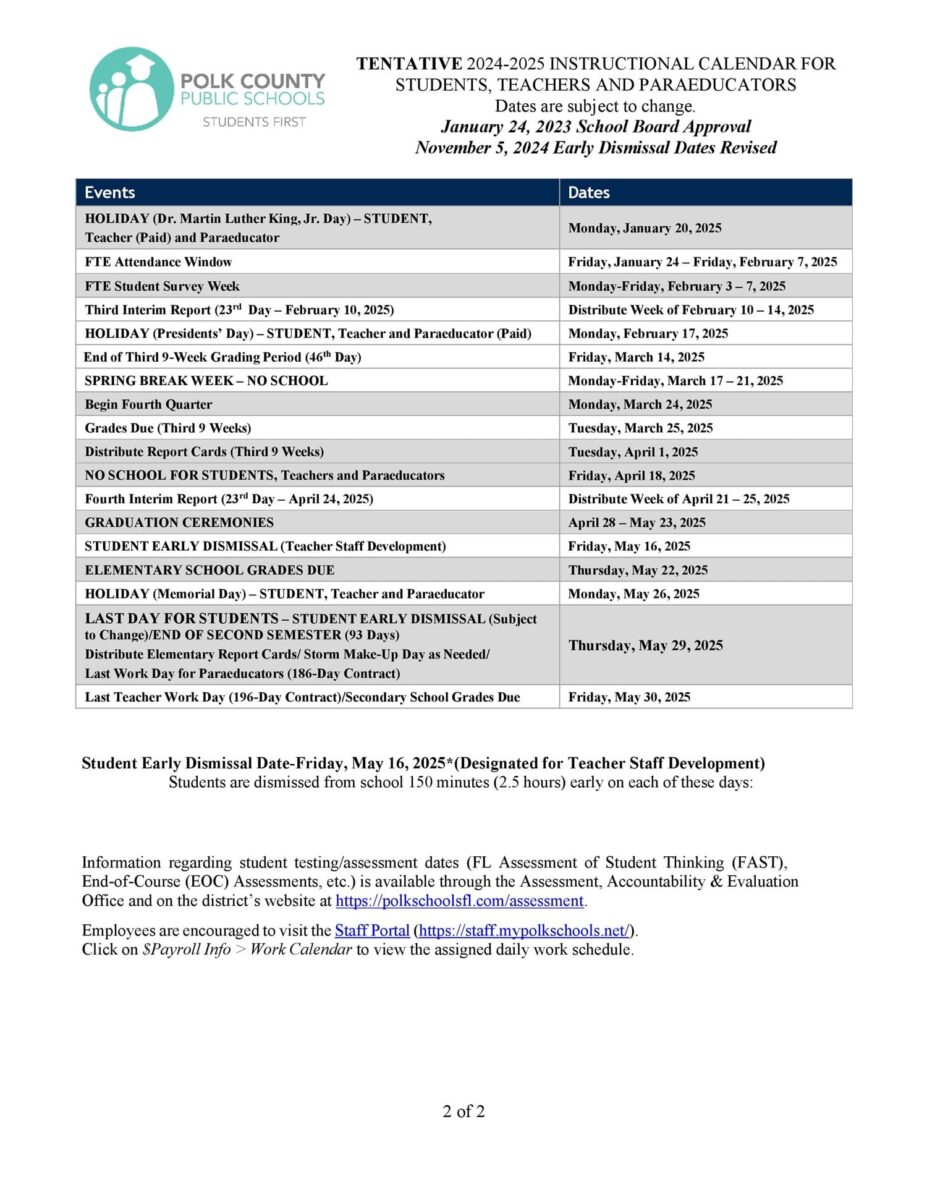 20242025 Polk County Schools Calendar Public, Charter, Private