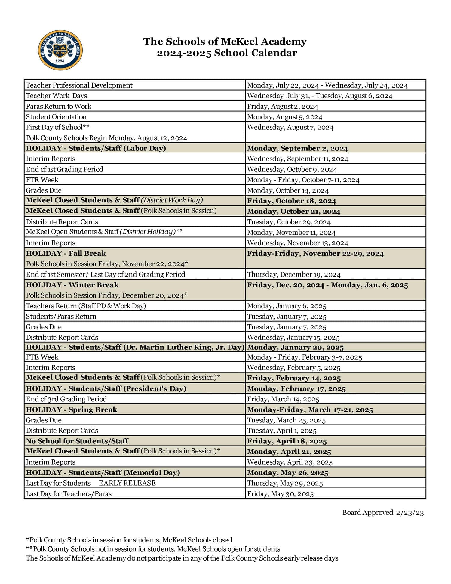 20242025 Polk County Schools Calendar Public, Charter, Private