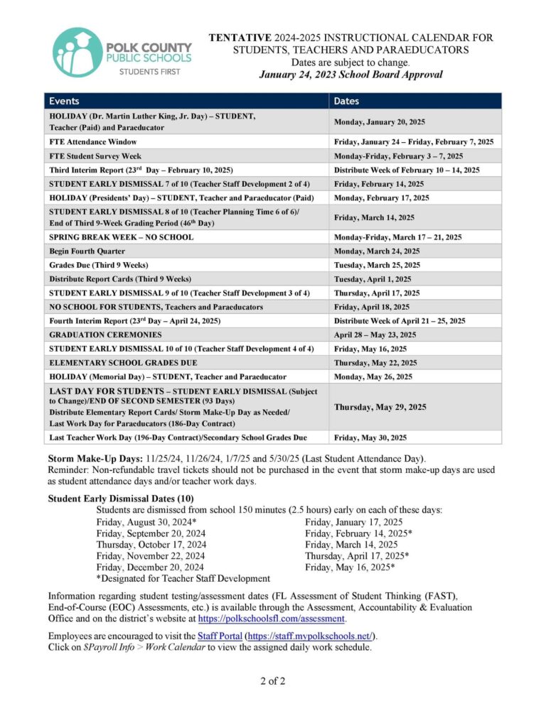 20252025 Polk County Schools Calendar Public, Charter, Private